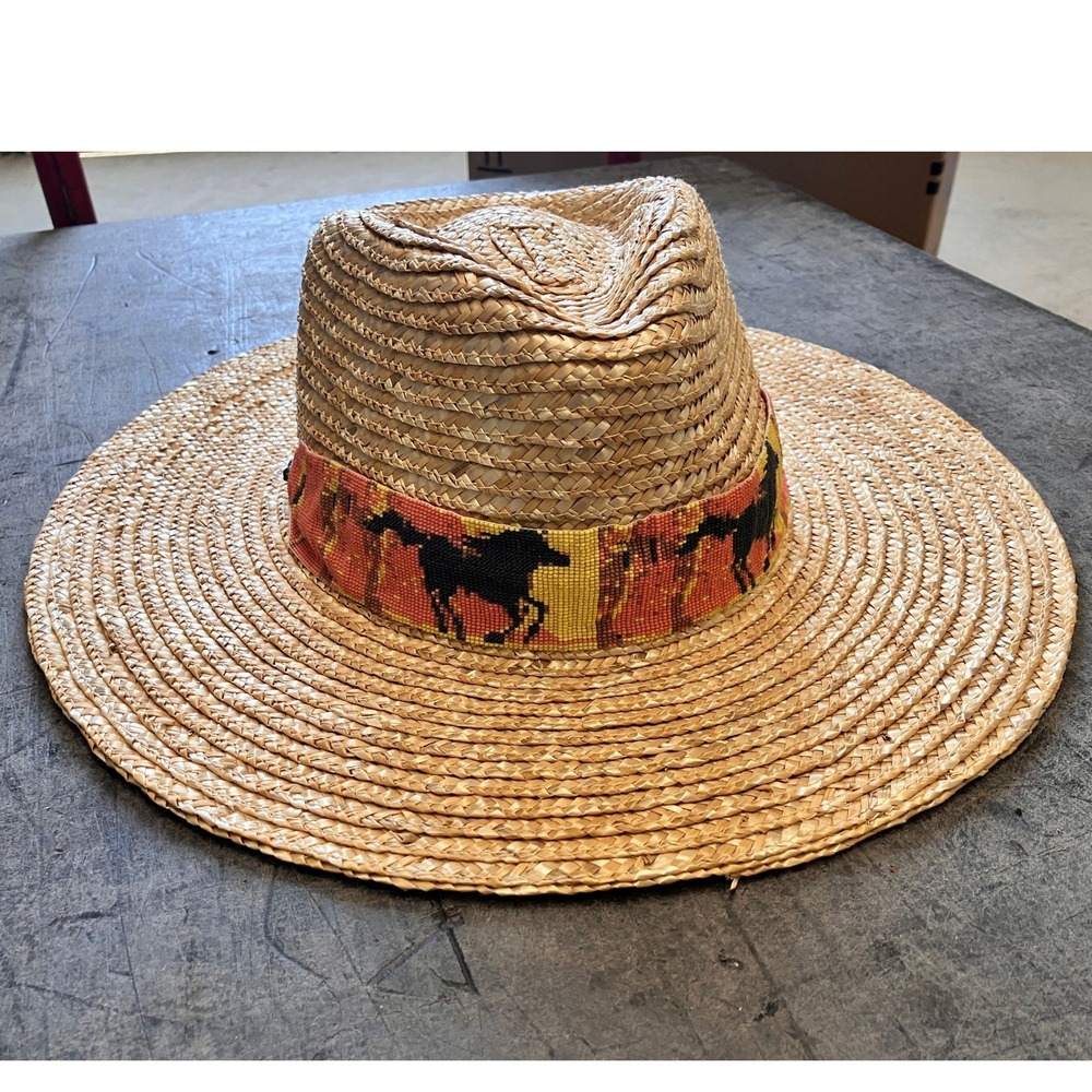 Nikki Beach Cheval Milan Straw Wide Brim Hat Beaded Horse UPF 50+ Tan Women OS